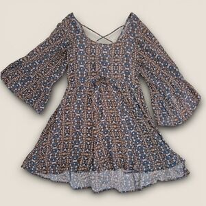 Forever 21 Y2K Boho Bell Sleeve Dress Small Tribal Print Crisscross Back Earthy